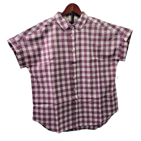 GoodThreads Women Washed Cotton Short-Sleeve Shirt Purple/White Gingham Large - Picture 1 of 12